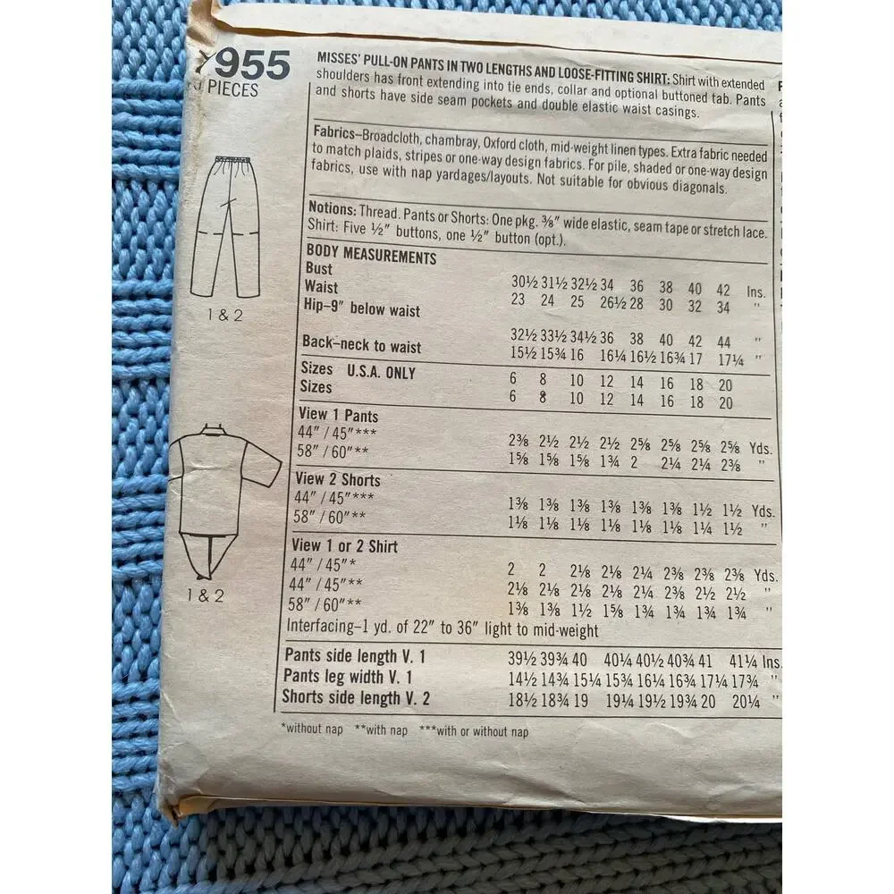 Simplicity sewing pattern  7955 button down top pant short